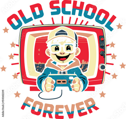Old School Gamer Forever Retro Cartoon T-Shirt Design