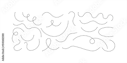 “Vector Set of Hand-Drawn Dotted Lines on Transparent Background – Sketch Style Dashed Curves and Decorative Stroke Elements for UI, Maps, and Graphic Design”
