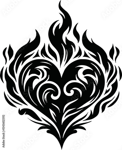burning heart silhouette. Fire around the heart shape tattoo style. black love symbol isolated on white background. Vector illustration