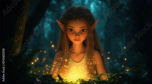 Fantasy character in a dark forest with magical glowing lights