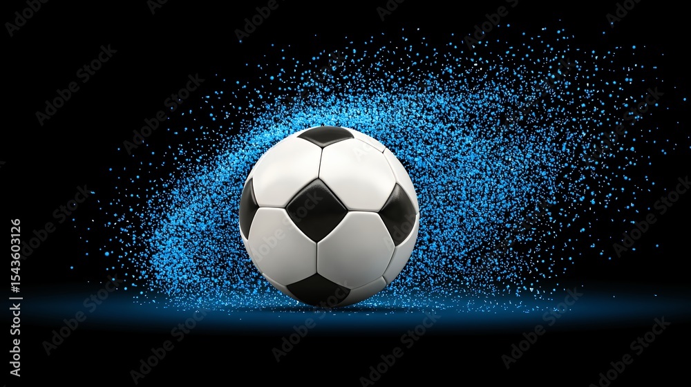Naklejka premium Black And White Soccer Ball with Blue Particle Burst