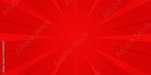 Red comic sunburst effect background with halftone. pop art comic-style vector background