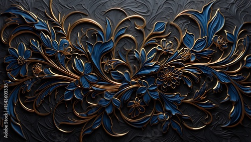 Elegant Gold and Blue Floral 3D Carving Design Intricate Baroque Ornament