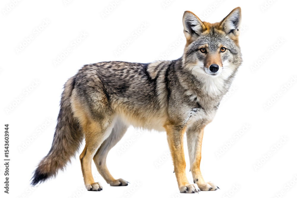 Fototapeta premium American Coyote Standing Full Body Grey Brown Fur Wild Canine Animal Isolated on White Background A I G E N E R A T E D - P N G isolated on a transparent background