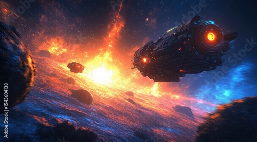 Spaceship flying through fiery nebula and celestial asteroids