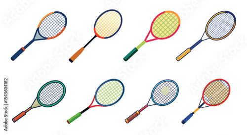 Set of different style Badminton racket, illustration, on white background.