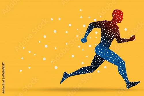 Abstract Runner Pixel Art Red Blue Black Figure Running on Yellow Background