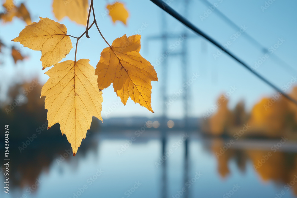 Obraz premium Golden autumn leaves reflect beauty of nature by river, showcasing vibrant colors and serene surroundings