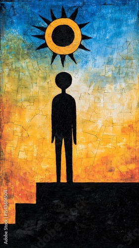 Abstract Silhouette of Person Under Stylized Sun, Orange Yellow Blue Grunge Texture