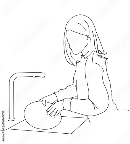 line art Young woman wearing apron holding scourer washing dishes.