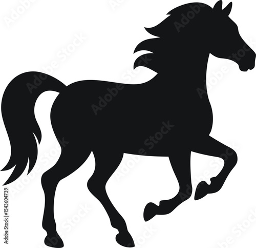 Minimalist black silhouette vector illustration of a horse on white background, symbolizing elegance, equestrian sports, farm life, wildlife themes, and ranch or logo design concepts