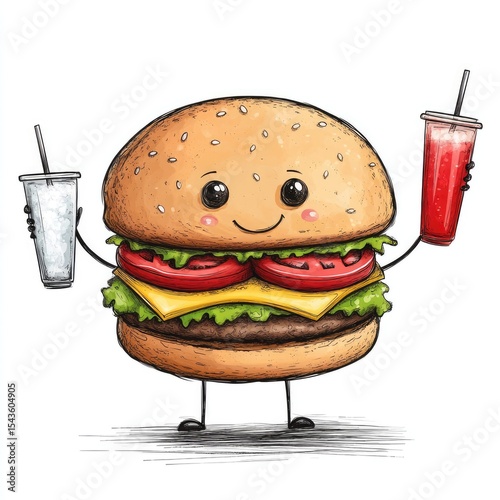 A cartoon hamburger character with a smiling face, holding a glass of soda in each hand. The burger has lettuce, tomato, and cheese layers.
