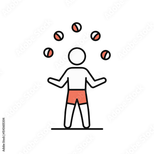 A cartoon person is juggling multiple balls.