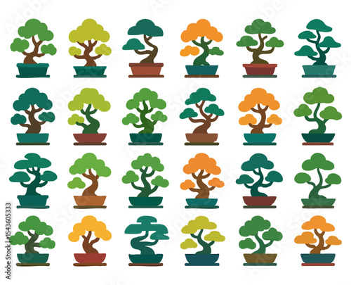 Flat vector set of 25 unique bonsai trees in vibrant pots. Includes varied shapes, foliage colors, and styles. Ideal for nature lovers, zen themes, or Japanese-inspired design.