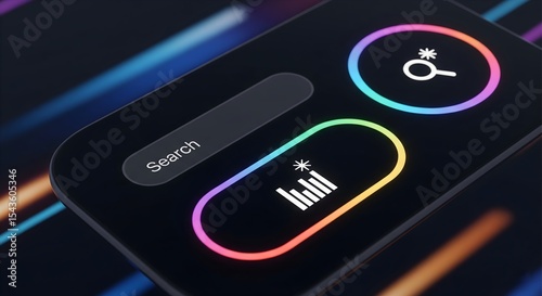 A sleek, futuristic search interface with colorful, glowing icons for voice search and a general search function.