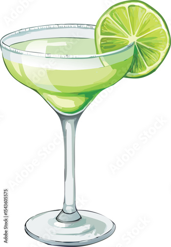 Classic Margarita cocktail with lime slice and salt rim. Vector illustration.
