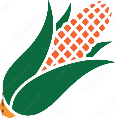 Vector illustration of fresh corn on the cob with green leaves and vibrant orange kernels