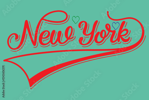 New York City typography design with hearts and a teal background
