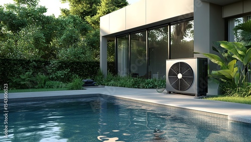 Modern Air-to-Air Heat Pump Installed Beside Outdoor Pool Surrounded by Greenery, Highlighting Energy Efficiency