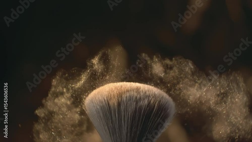 Super slow motion macro shot of makeup brush and golden shiny face powder shake at 1000 fps. Elegant luxury make up cosmetic abstract background. Beauty make-up glitter flying in high speed close up