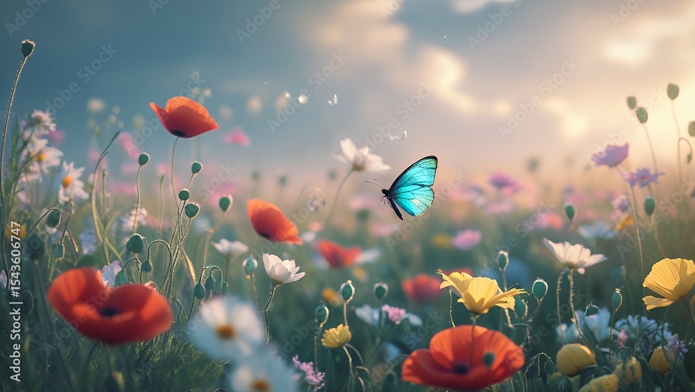 Obraz premium Butterfly Flying Over a Colorful Wildflower Meadow in Soft Sunlight