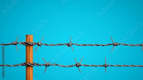 Barbed Wire Fence with Wooden Post Against Blue Background