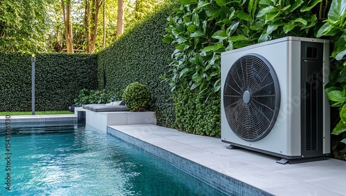 Modern Air-to-Air Heat Pump Installed Beside Outdoor Pool Surrounded by Greenery, Highlighting Energy Efficiency
