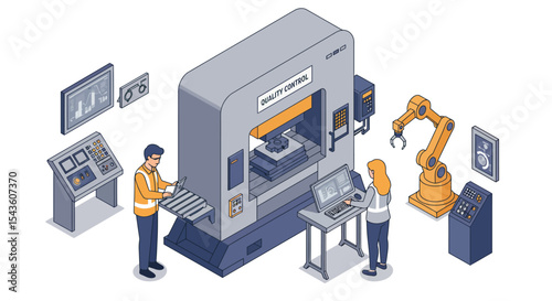 Automated manufacturing process with quality control and robotics vector illustration