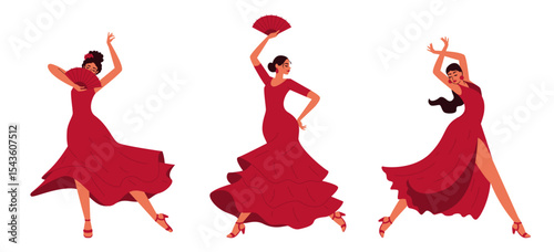 Three women in red dresses with fans dance flamenco. The dynamic pose of the passionate Spanish dance. Flat modern illustration.