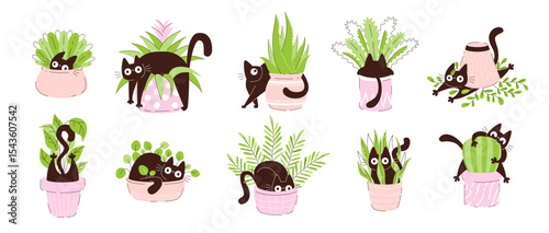 Funny black cats playing with indoor plants in pastel flower pots. Charming flat illustration with curious pets hiding and climbing among green leaves. Great for prints kids and home decor