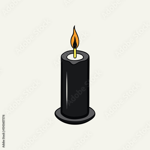 Single Black Candle with Flickering Flame: Simple Isolated Illustration of a Lit Candle on a Cream-Colored Background, Perfect for Decorative or Symbolic Use