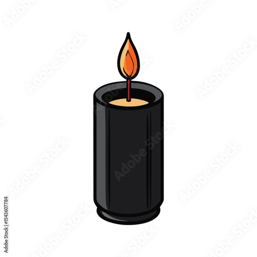 Burning Black Candle in a Container: Isolated Graphic Illustration with Warm Light and Simple Design, Ideal for Decorations and Backgrounds.          