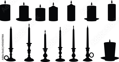 Vector silhouette illustration of burning candles and candle holders, perfect for decoration, vintage themes, spiritual art, and graphic design