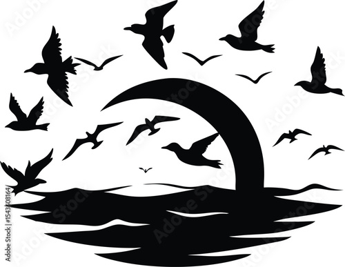 Silhouetted Seagulls Soaring Above Ocean Waters at Sunrise or Sunset in Black and White, Graphic Illustration for Wall Art, Vector Design Elements    