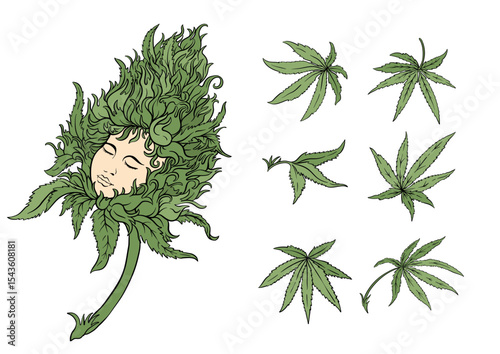 Vector set of cannabis leaves and surreal bud with a dreamy girl's face. Botanical, psychedelic, and artistic design perfect for alternative wellness, print, or packaging concepts.