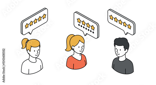 Diverse cartoon male and female characters discussing star ratings vector illustration