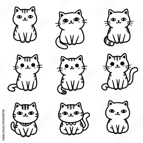 Nine Cute Cartoon Cats Displaying Various Emotions and Poses for Creative Projects and Digital Art Inspiration and Illustrations