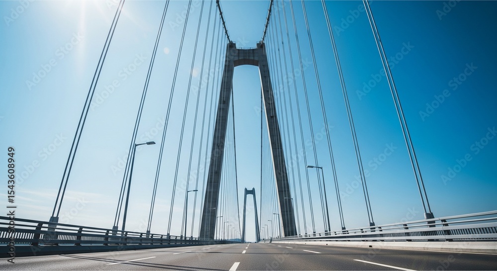 Obraz premium Low-Angle Shot of Modern Suspension Bridge Against Blue Sky