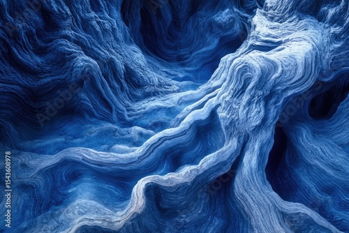 Abstract blue stone formation resembling swirling waves and flowing water, creating a mesmerizing texture.