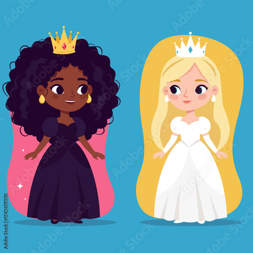 Diverse Princesses Representation Depicting Two Young Girls Wearing Crowns And Elegant Dresses Standing With a Beautiful Background for Children