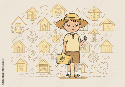 A cheerful boy prepares a safety kit with a flashlight, showcasing preparedness and outdoor adventure. A stylized background of houses reinforces the theme.