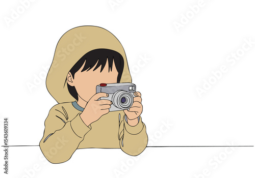 child joyfully photographs with a vintage camera capturing a candid moment Simple clear lines create a charming nostalgic illustration Perfect for lifestyle and creative projects
