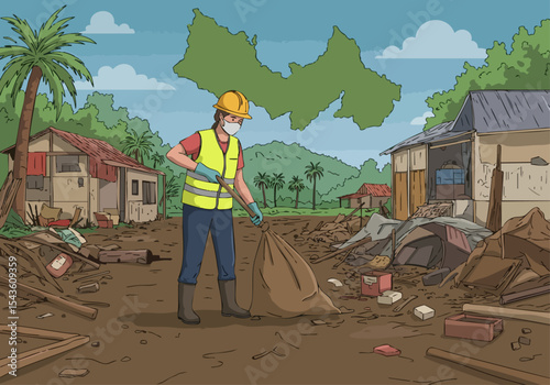 A construction worker cleans debris after a storm, amidst damaged buildings and a muddy landscape. A clear, impactful scene of recovery and resilience.