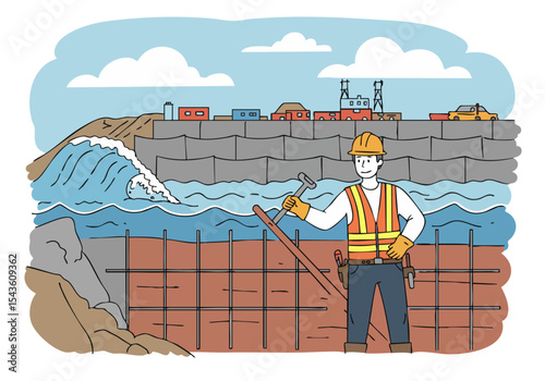 A construction worker reinforces a coastal flood defense barrier against a powerful wave.  Strong visual