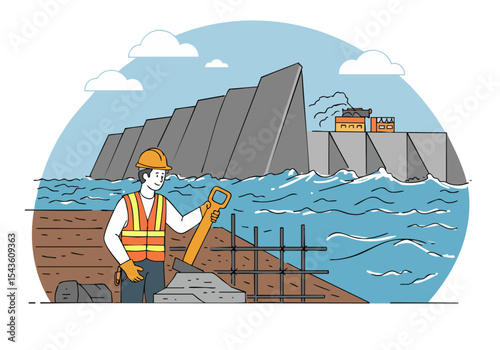 A construction worker inspects a flood defense barrier, reinforcing a dam against rising waters. A strong, detailed illustration showcasing engineering and protection.