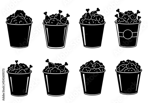 Silhouette Illustration of Buckets Filled with Crispy Golden Fried Chicken Pieces and Drumsticks for Fast Food Restaurant Menus