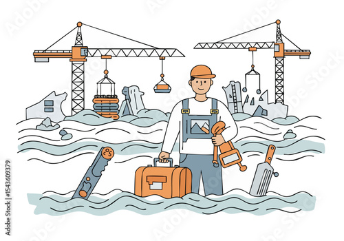 A construction worker stands amidst flood damage, offering hope and resilience.  He carries tools, symbolizing recovery and rebuilding.  A strong, optimistic image.