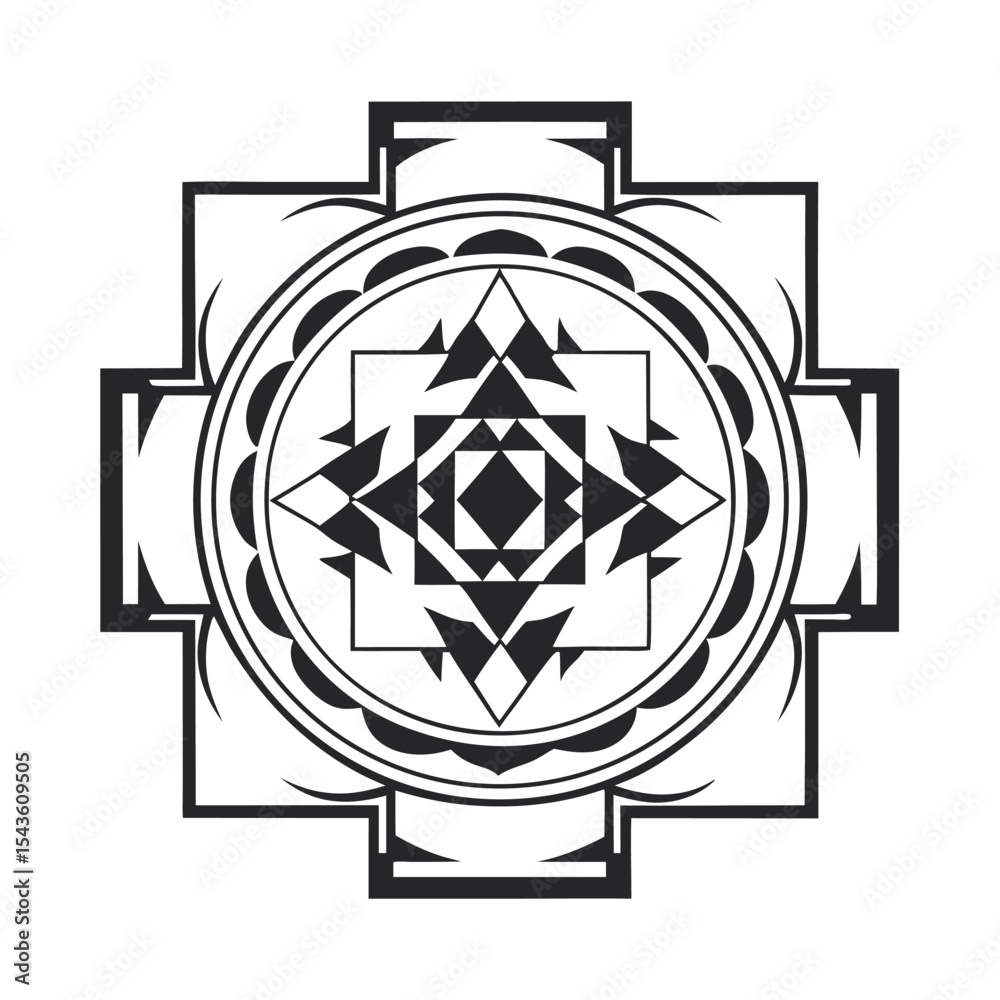 Fototapeta premium Geometric Mandala Illustration: Intricate symmetrical design featuring triangles, squares, and circles; Isolated on white, detailed line art in black and white.