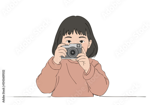 A young girl happily takes a photo with a vintage camera.  Cute, focused expression. Soft colors, simple background. Ideal for children, photography, and nostalgia themes.