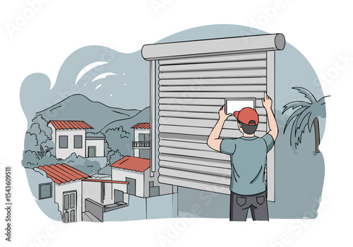 A handyman installs a roller blind on a window overlooking a tropical landscape. Clear, bright illustration showcasing a professional installation.
